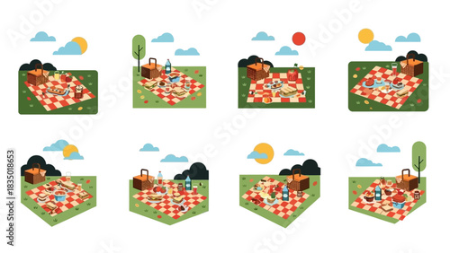 Set of Vector Illustration of Various Picnic Scenarios in Nature with Food and Basket Collection