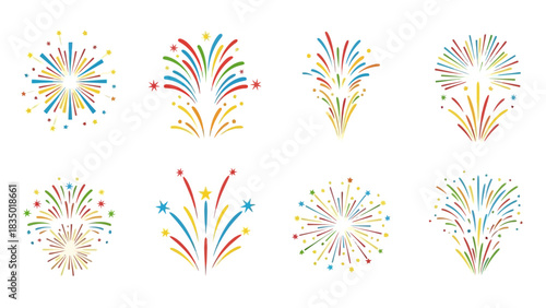 Set of vibrant vector fireworks illustrations ideal for festive celebrations and events graphic