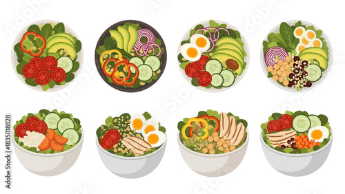 Variety of Healthy Salad Bowls with Fresh Vegetables and Protein Sources Illustration