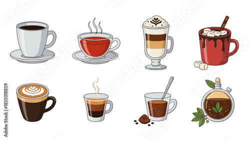 Variety of Hot Beverage Illustrations: Coffee, Tea, Latte and Hot Chocolate Collection