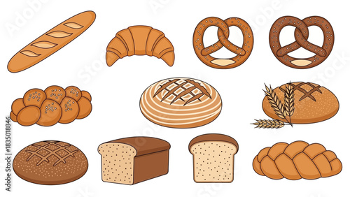 Various types of freshly baked bread items arranged in a visually appealing manner