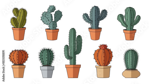 Vector illustration of various potted cacti for graphic design and decoration elements