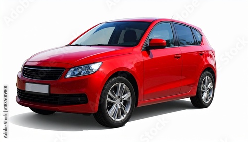 Rear-left view of a sleek red sedan with tinted windows and alloy wheels, isolated on white background. Modern design highlights the car’s contours and rear detailing, ideal for promotional or catalog