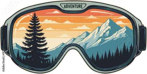 Vintage-style mountain landscape reflected inside adventure sports goggles, featuring pine forest silhouettes, snowy peaks, and warm sunset sky. Detailed vector illustration with bold outlines.