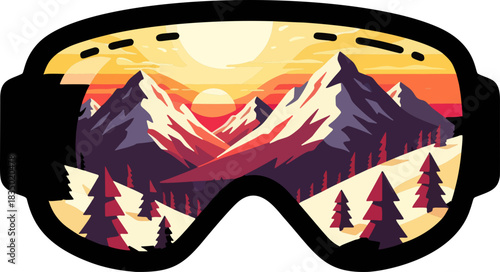 Vibrant winter mountain landscape reflected inside ski or snowboard goggles, featuring snowy peaks, pine trees, sunset sky and warm orange gradient tones.