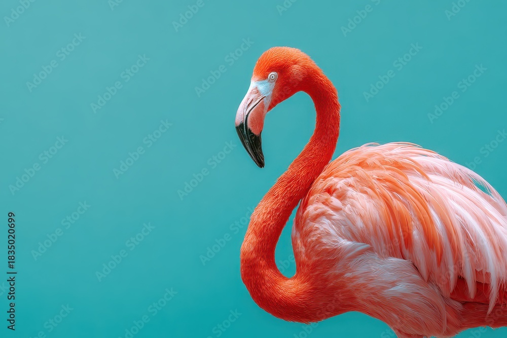Obraz premium Pink flamingo striking a pose against a vibrant turquoise blue background showcasing its unique shape and colors in a playful manner
