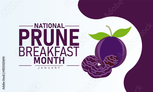 National Prune Breakfast Month Poster Banner and Background Design Template Featuring Bowl of Oatmeal with Prunes Fresh and Dried Plum Illustration for Healthy Morning Meal and Nutrition 