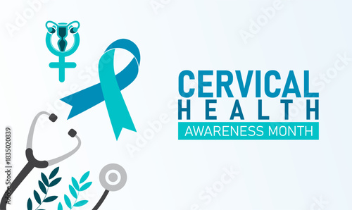 Cervical Health Awareness Month Poster Banner and Background Design Template Featuring Teal Ribbon and Female Reproductive System Illustration for Cancer Prevention, Screening, and January Health Awar
