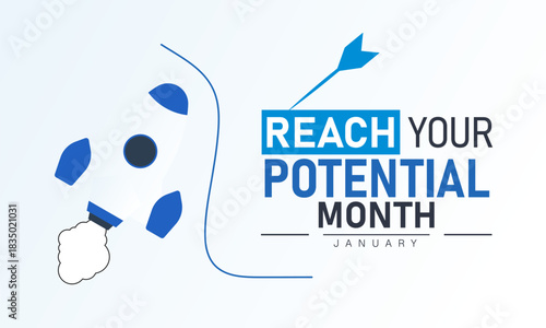 Reach Your Potential Month Poster Banner and Background Design Template Featuring Goal Icons, Trophy, and Success Illustration for Motivation, Personal Growth, Achievement, and January Self Improvemen