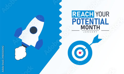 Reach Your Potential Month Poster Banner and Background Design Template Featuring Goal Icons, Trophy, and Success Illustration for Motivation, Personal Growth, Achievement, and January Self Improvemen
