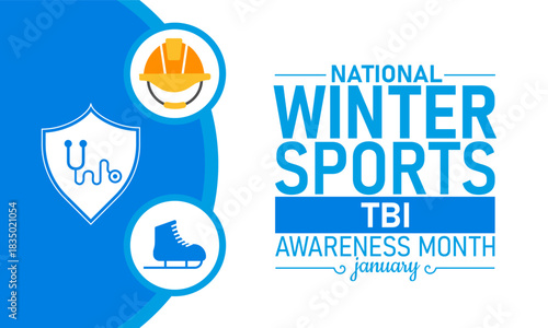 National Winter Sports TBI Awareness Month Poster Banner and Background Design Template Featuring Snowboard, Ski, and Helmet Icons Illustration for Traumatic Brain Injury Safety Education and January 