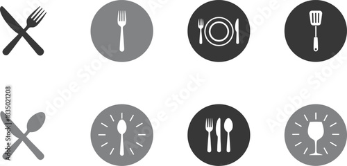 Set of Eight Monochrome Dining and Kitchen Icons Featuring Cutlery, Plate Setting, Wine Glass, Spoon, Fork, and Spatula Symbols.