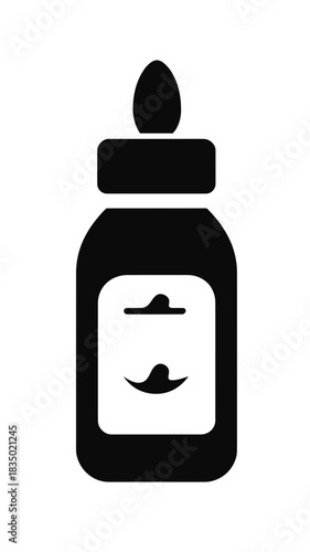 Black silhouette baby bottle icon with nipple and label in flat minimalist vector style for infant feeding care and baby nutrition concept illustration