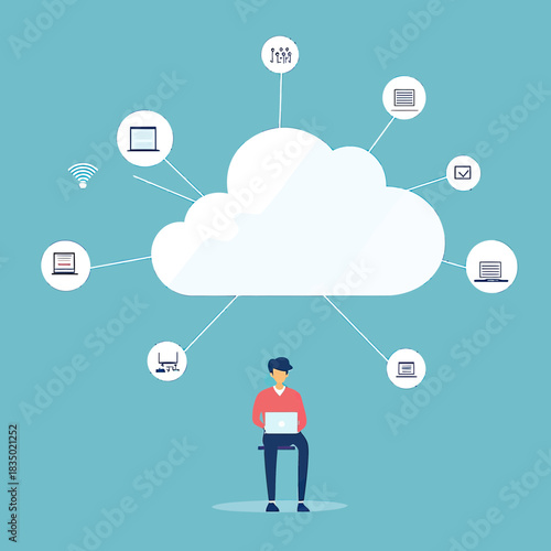 Business person working on laptop connected to cloud computing network with icons representing wireless data transfer and document sharing in flat vector style