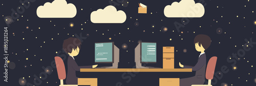 Two people working at computers sharing data digitally with cloud storage concept in flat vector design with starry night background and clouds