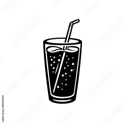 Black and white minimalist flat vector icon of a glass with fizzy drink bubbles and a bent straw for refreshing beverage concept design