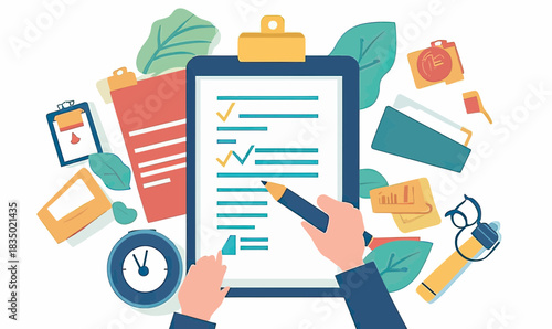Business checklist review with hands holding pen on clipboard surrounded by office documents clock and tools flat vector illustration