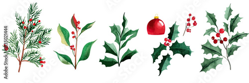 Minimalist Christmas plant decoration set with holly leaves, red berries, pine sprigs, and red ornament balls flat vector illustration on white background