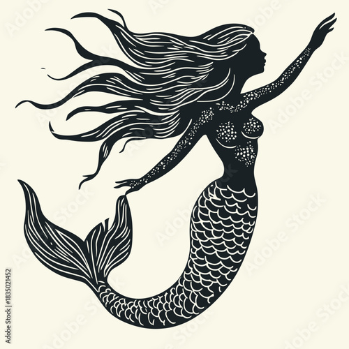 Elegant linocut style mermaid silhouette with flowing hair and detailed fish scales swimming gracefully in ocean myth inspired vector design