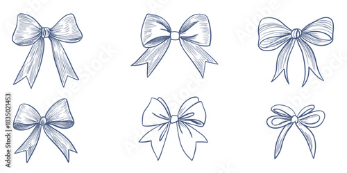 Set of six hand drawn elegant ribbon bows with flowing tails in minimalist line art style for gift decoration and festive design elements