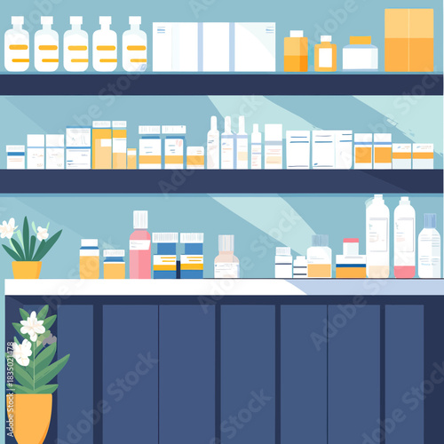 Flat minimalist vector illustration of pharmacy shelves stocked with various medication bottles boxes and containers in organized arrangement with decorative plants