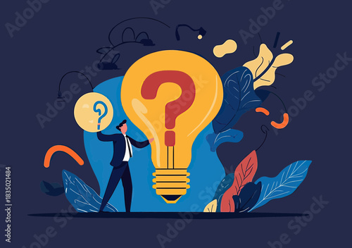 Businessman holding question mark near giant light bulb with question mark symbol creativity idea concept flat vector illustration