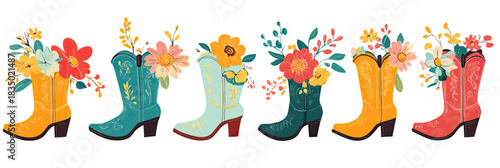 Colorful cowboy boots with vibrant flower bouquets in flat minimalist style decorative western fashion footwear spring summer garden vectors set illustration