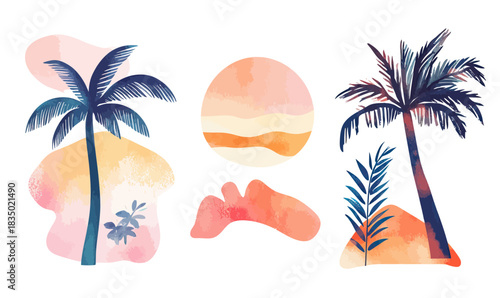 Watercolor tropical palm trees and abstract landscape elements with warm pastel sunset tones and minimalist botanical design vector illustration