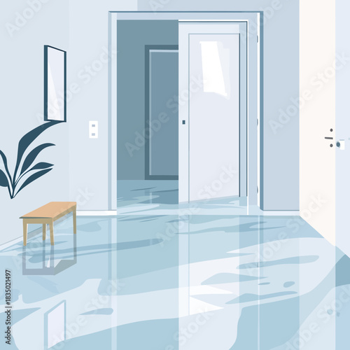 Indoor hallway with reflective wet floor puddles and modern minimalist furniture in clean contemporary interior design