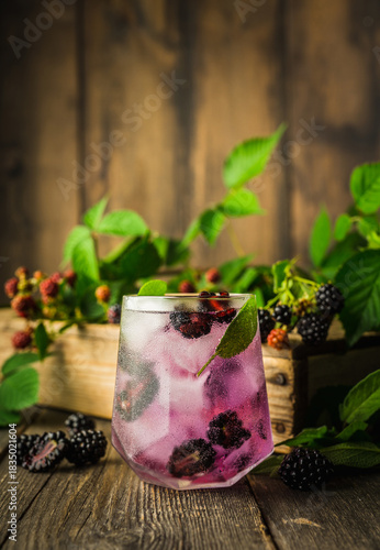 Gin based cocktail with blackberry and branches on rustic wooden background. Selective focus.