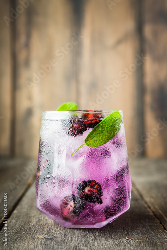 Gin based cocktail with blackberry and branches on rustic wooden background. Selective focus.