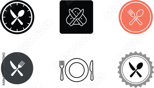 Set of Six Dining Icons Featuring Cutlery, Plate, Clock, Badge, and Crossed Fork and Spoon Symbols for Food Service Graphics.