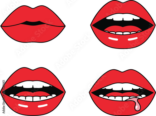 Set of Four Red Lips Vector Illustrations with Teeth, Featuring Closed, Open, Glossy, and Saliva Drip Graphics for Pop Art.
