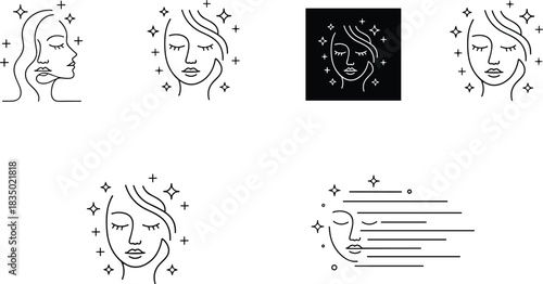 Set of Six Glowing Woman Face Line Icons Representing Beauty, Skincare, Hair, Spa Treatment, and Dynamic Movement Graphics.