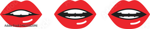 Set of Three Bright Red Lips Vector Illustrations with Teeth, Ideal for Pop Art, Beauty, Fashion, Speaking, and Mouth Graphics.