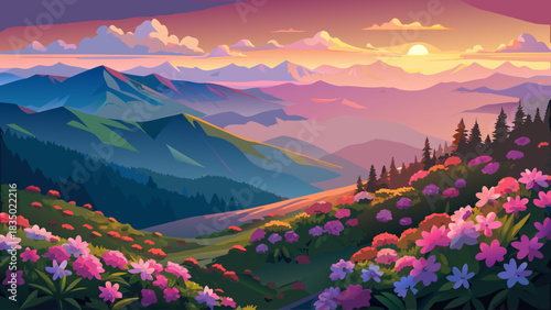 Very beautiful sunrise over a rhododendron field on Roan Mountain, where glowing pink blossoms stretch across rolling ridges beneath soft morning light and a tranquil Appalachian horizon.
