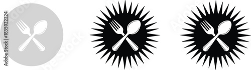 Set of Three Dining Icons Featuring Crossed Spoon and Fork in Badge, Circular, and Starburst Shapes for Restaurant Logo Graphics.