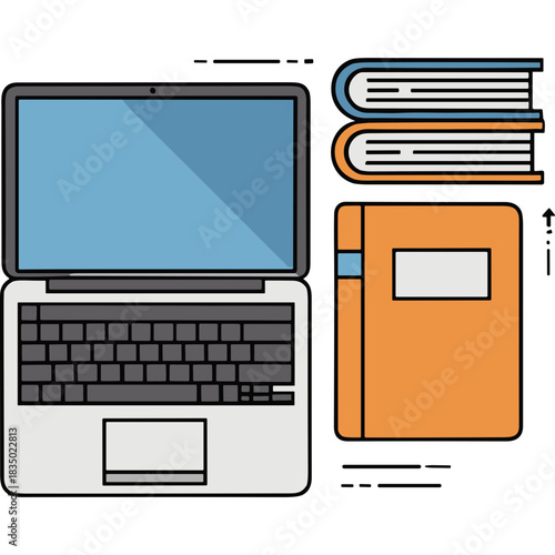 Modern laptop computer with open screen and keyboard next to stack of two closed books and one orange hardcover book on a black background with clean flat design