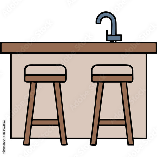 Modern kitchen island with two wooden bar stools and a sleek faucet against a neutral background detailed interior design for home or commercial space