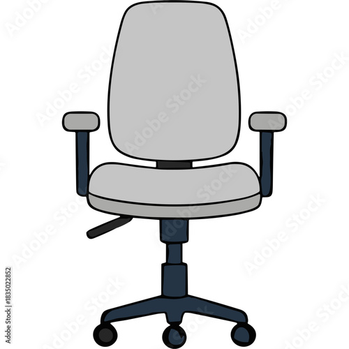Modern Light Gray Office Chair with Adjustable Height and Dark Blue Base and Casters Against a Black Background