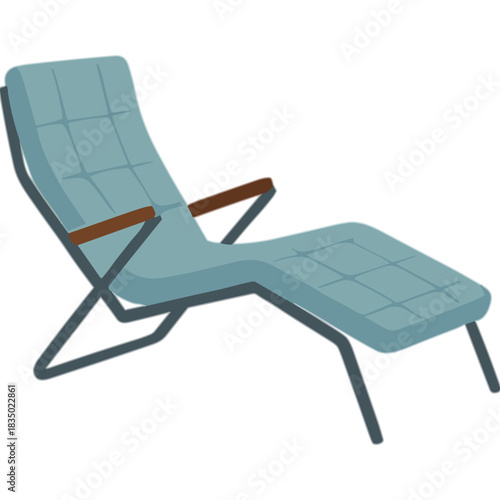 Modern Light Blue Tufted Chaise Lounge Chair With Dark Gray Metal Frame and Wooden Armrests On A White Background