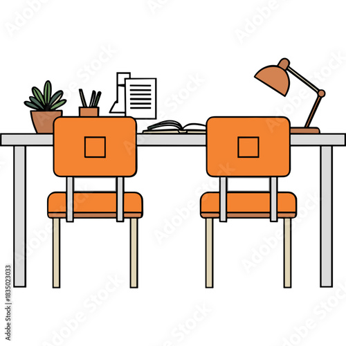 Modern Office Workspace With Two Orange Chairs and Desk Featuring a Lamp and Potted Plant Minimalist Design