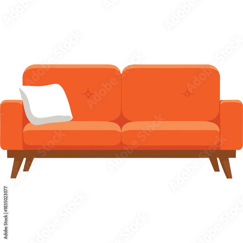 Modern Orange Two Seater Sofa With A Single Black Cushion And Brown Wooden Legs On A Transparent Background