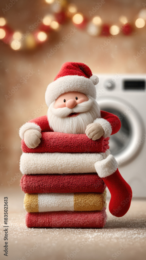Fototapeta premium Santa claus peeking behind a stack of red and white clean laundry towels with a washing machine in the background.Perfect for announcing New Year's promotions in a home appliance store.