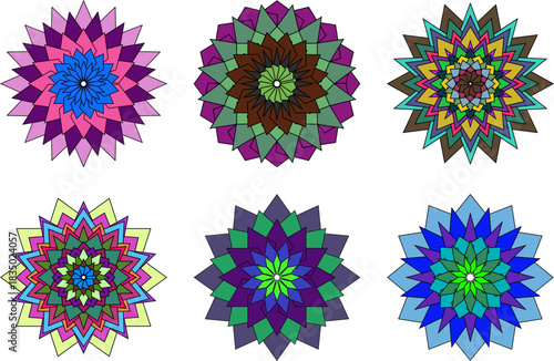 Geometric mandala flower design set with triangle shapes in multiple colors