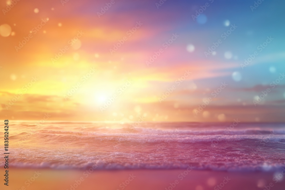 Obraz premium Bright colors of sunrise over the tranquil sea create a serene atmosphere with a beautiful blend of light and water at dawn, inspiring calmness and reflection