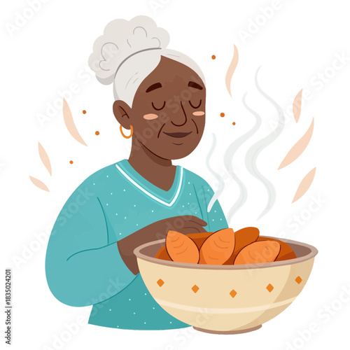 African grandmother enjoying a bowl of steamed sweet potatoes