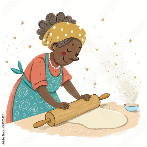 African grandmother happily rolls dough with a wooden rolling pin