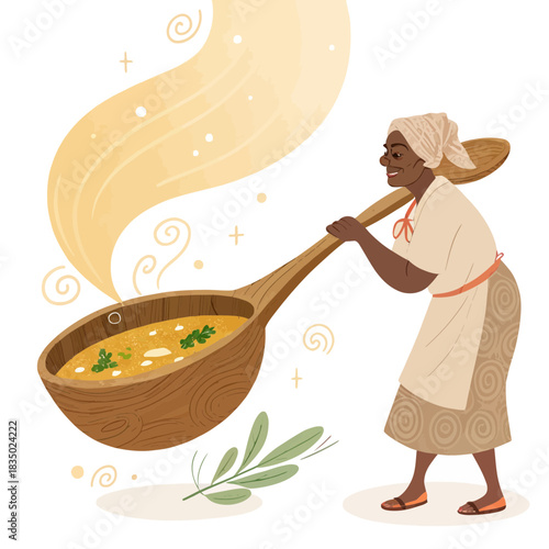 African grandmother serving hot soup with large wooden ladle