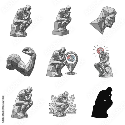 A collection of nine polygonal, grayscale illustrations depicting The Thinker statue in various conceptual forms.